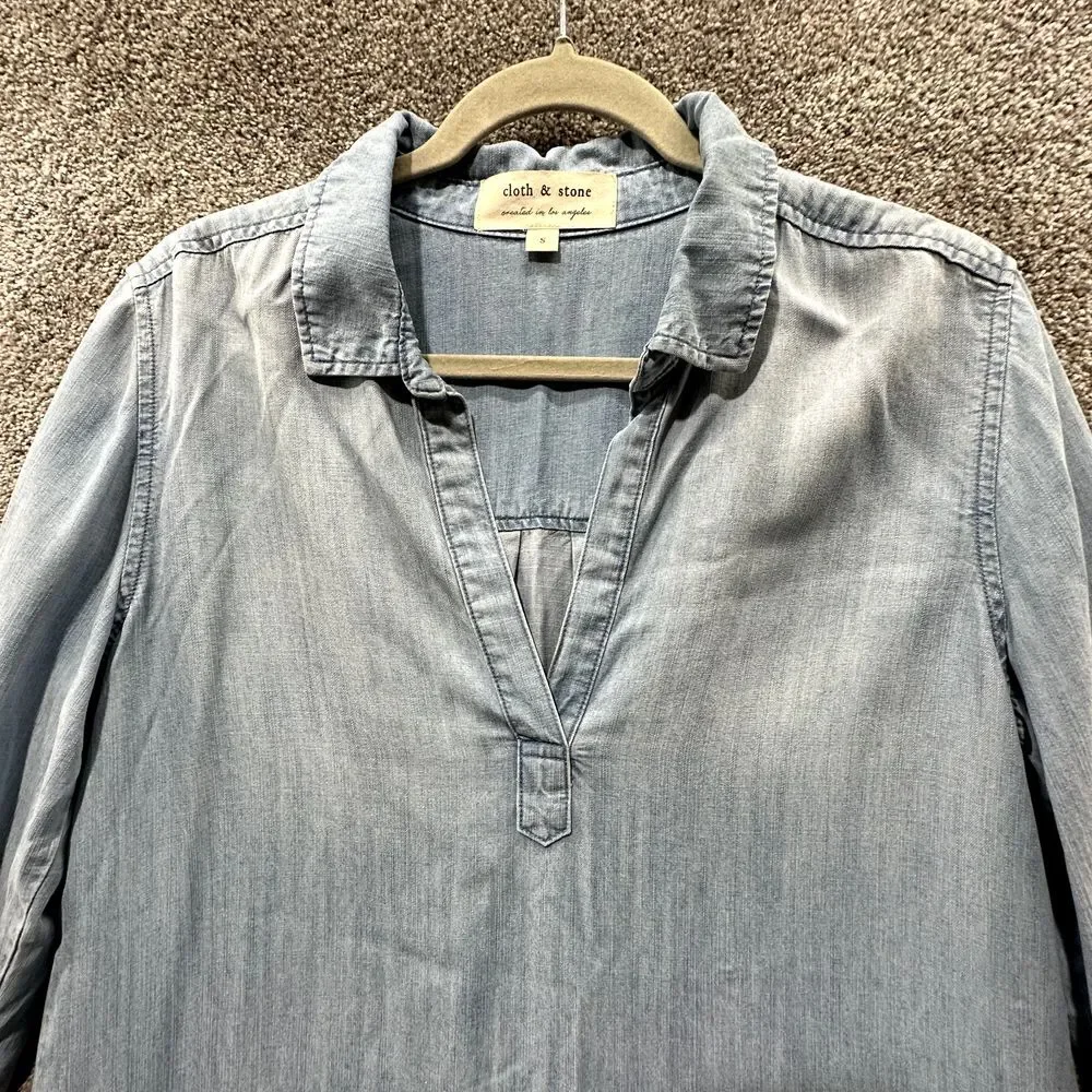 Cloth & Stone Adalie Shirt Dress Small Blue Lyocell Roll Tab Sleeve V Neck Tunic - Picture 3 of 9